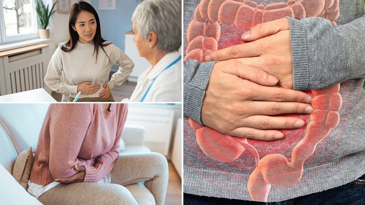 A woman at the doctor, a woman with a stomach ache and a person holding a stomach in the metaphor of a stomach 