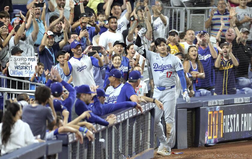 Los Angeles Dodgers Japanese Shohei Ohtani celebrates after hitting a two-run home run during the 7th inning of a baseball game against the Miami Marlins at Loan Depot Park in Miami, Florida on September 19, 2024. Ohtani was the first to hit 50 or more homers and steal 50 or more bases in one season in MLB, Major League Baseball, history. (The Yomiuri Shimbun via AP Images)