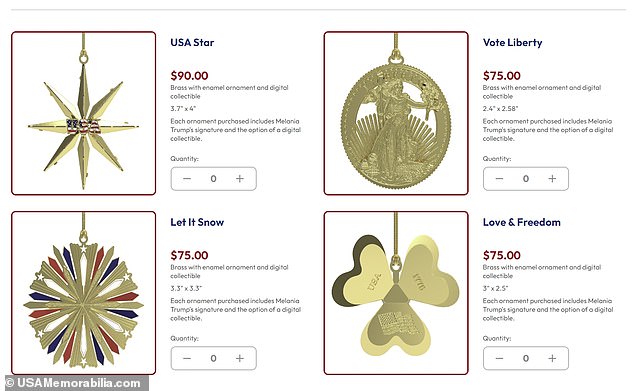 The ornaments, named 'USA Star,' 'Vote Liberty,' 'Let It Snow,' and 'Love & Freedom,' range from $75 to $90.